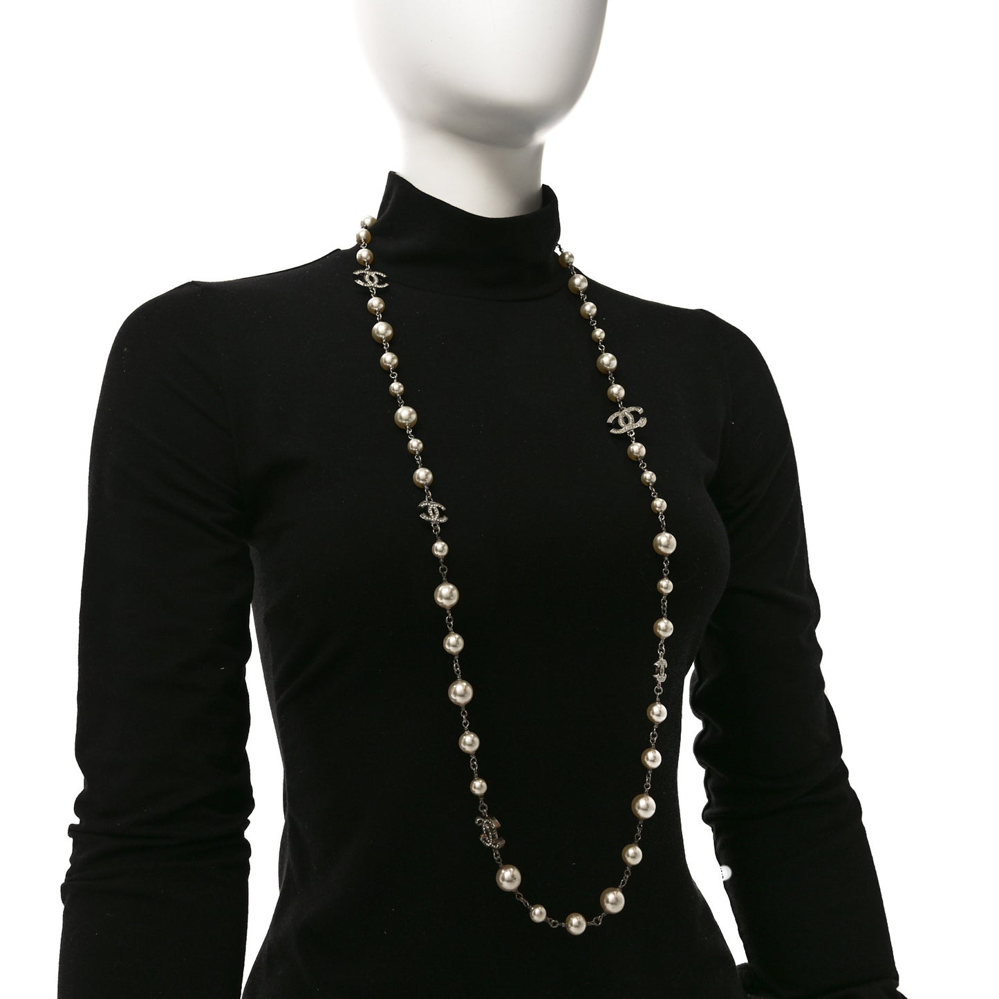 Crystal Pearl CC Long Necklace Silver