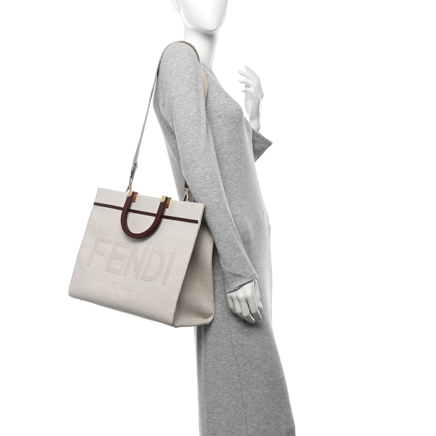 Fendi Canvas Vitello King Logo Embroidered Medium Sunshine Shopper Tote Grezzo Ghianda 2 of 7