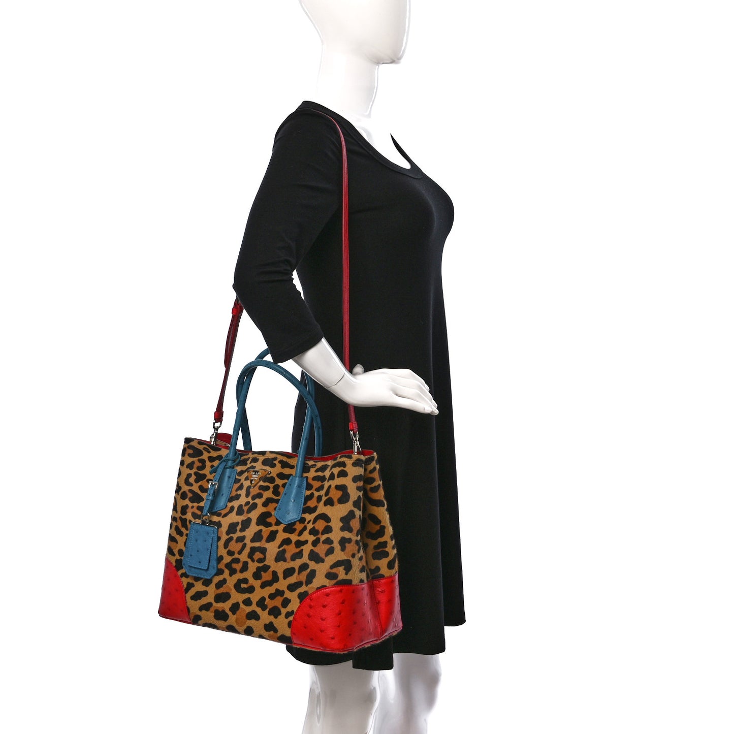 Calf Hair Ostrich Leopard Print Medium Double Bag Miele Voyage