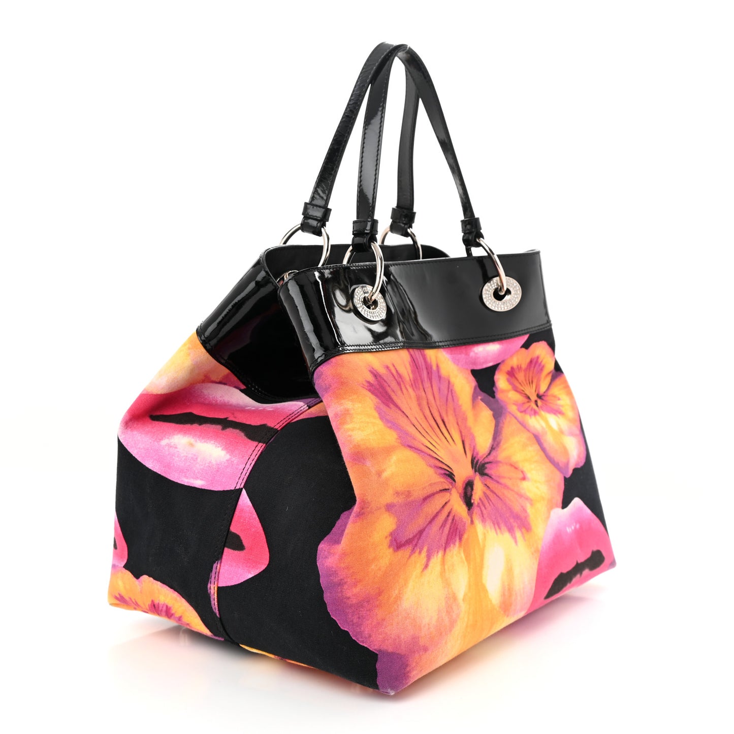 Patent Crystal Embellished Canvas Lips Print Tote Black Multicolor