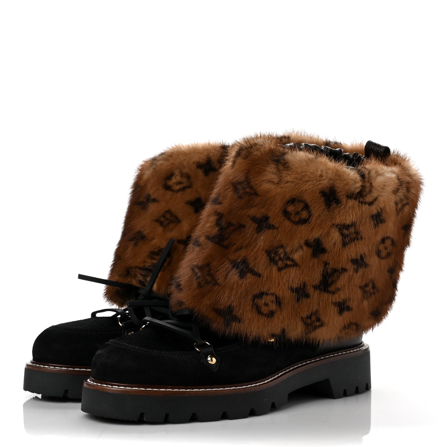 Calfskin Mink Fur LV Territory Ranger Combat Boots 40 Black