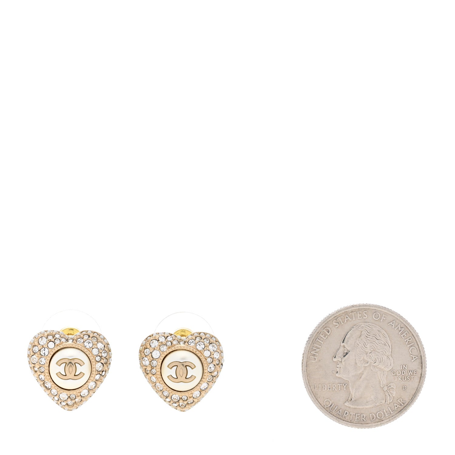 Chanel Pearl Crystal CC Heart Earrings Gold White 2 of 4