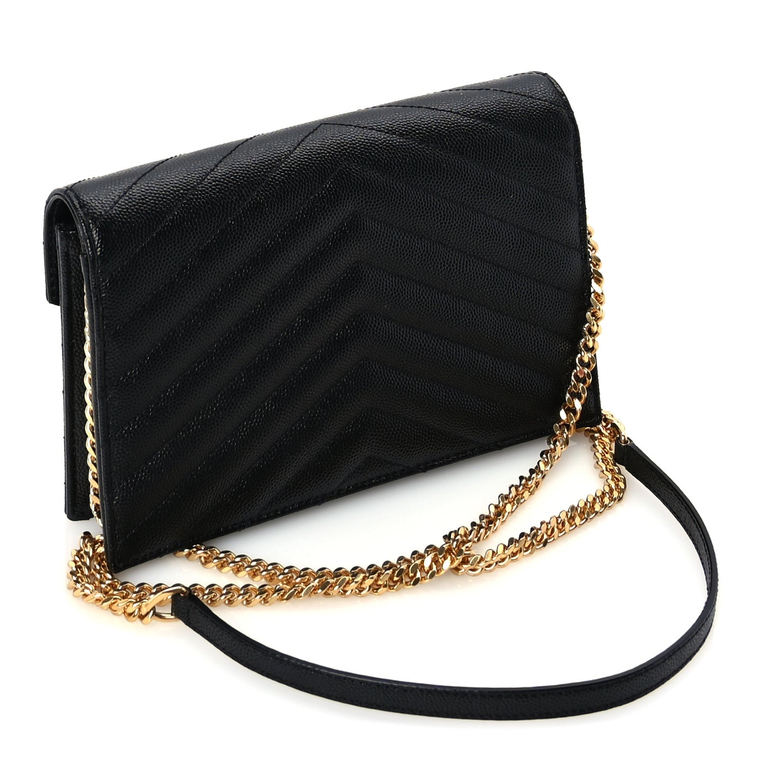 Saint Laurent Grain De Poudre Matelasse Chevron Monogram Envelope Chain Wallet  Black 2 of 8