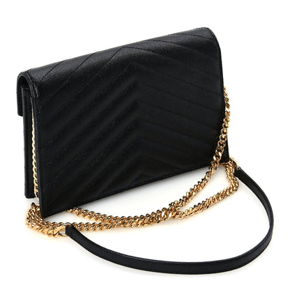 Saint Laurent Grain De Poudre Matelasse Chevron Monogram Envelope Chain Wallet  Black 2 of 8