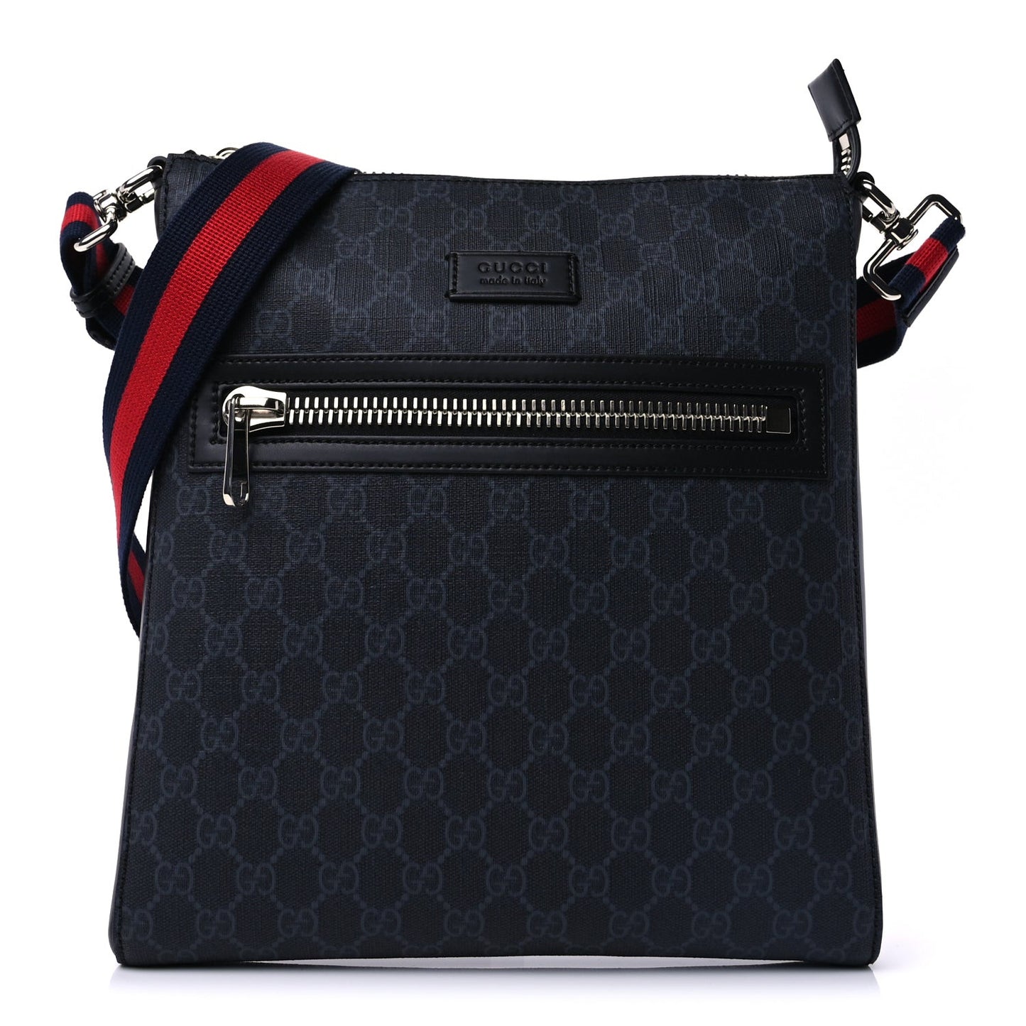 GG Supreme Monogram Appia Calfskin Web Flat Messenger Bag Black Grey