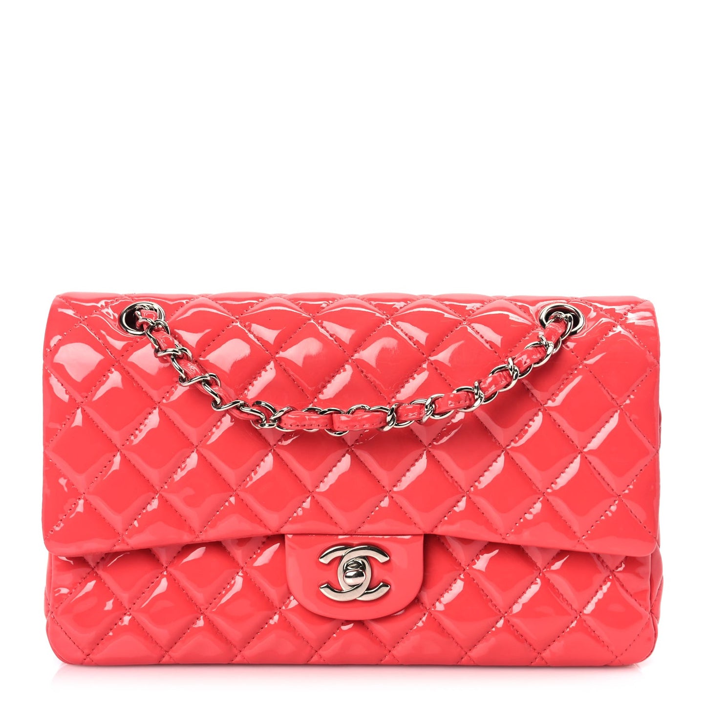 Patent Calfskin Quilted Medium Double Flap Dark Pink