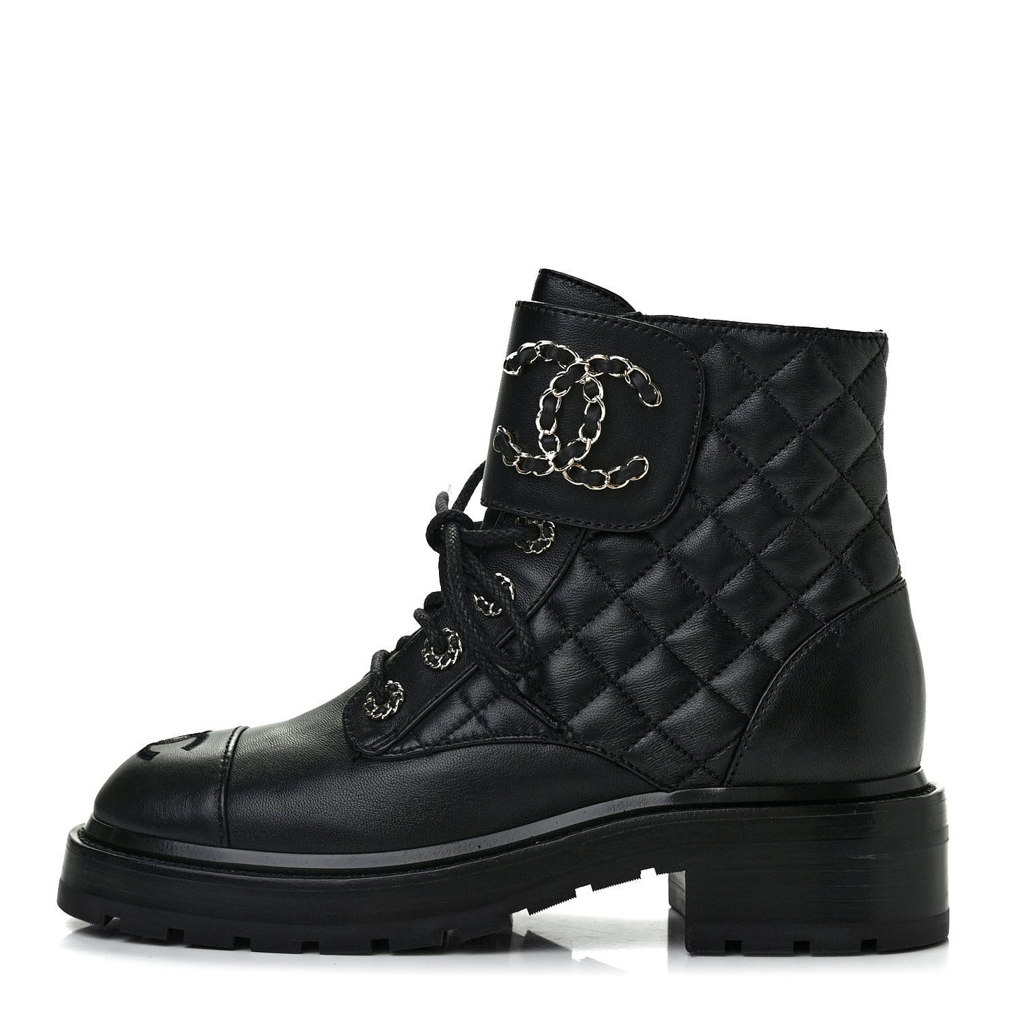 Shiny Lambskin Quilted Lace Up Combat Boots 36 Black