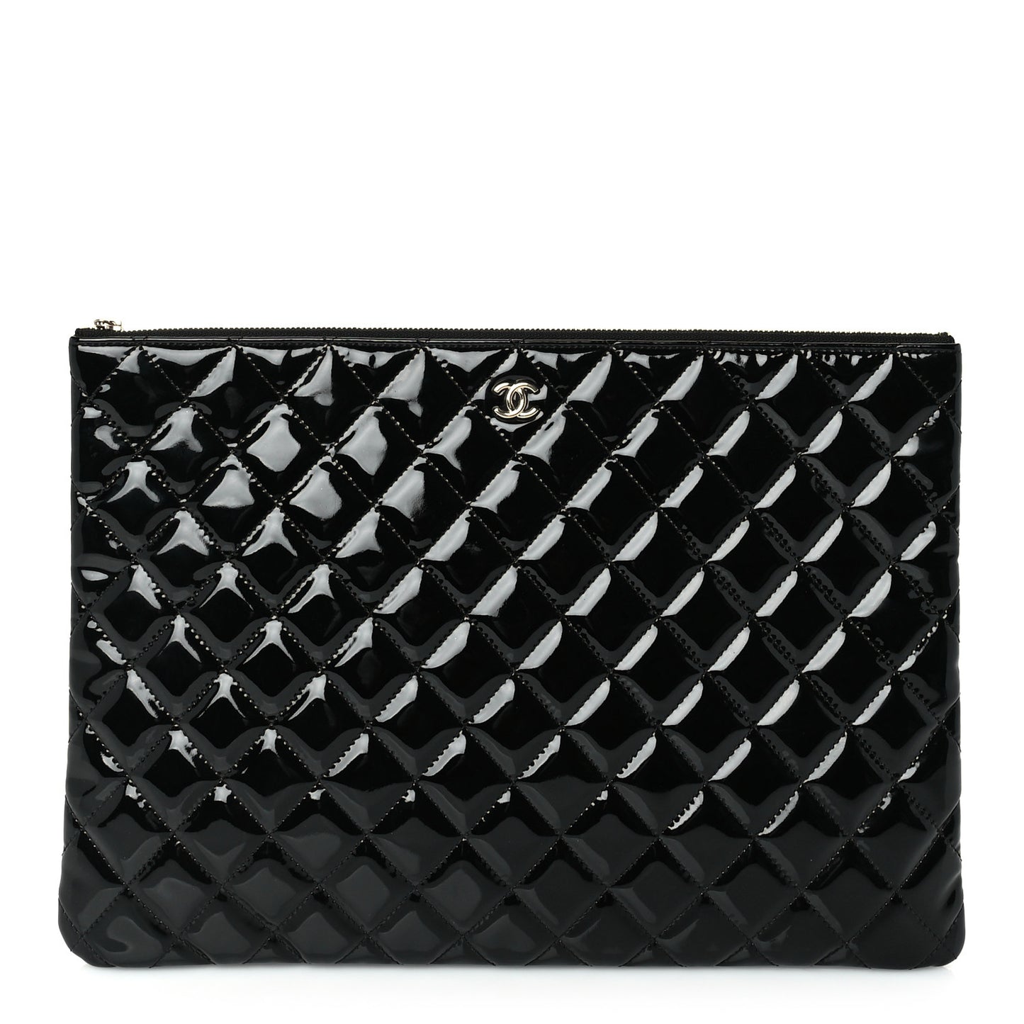 Patent Calfskin Quilted Large Zip Pouch Black