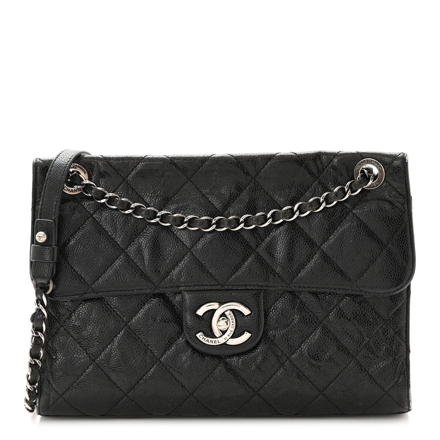 Crumpled Grained Calfskin Medium CC Crave Flap Black