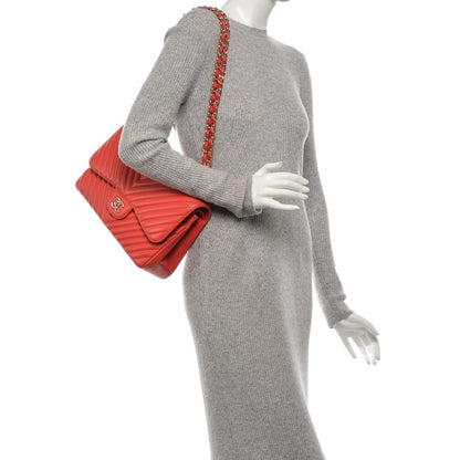 Chanel Lambskin Chevron Quilted Jumbo Double Flap Red 2 of 7