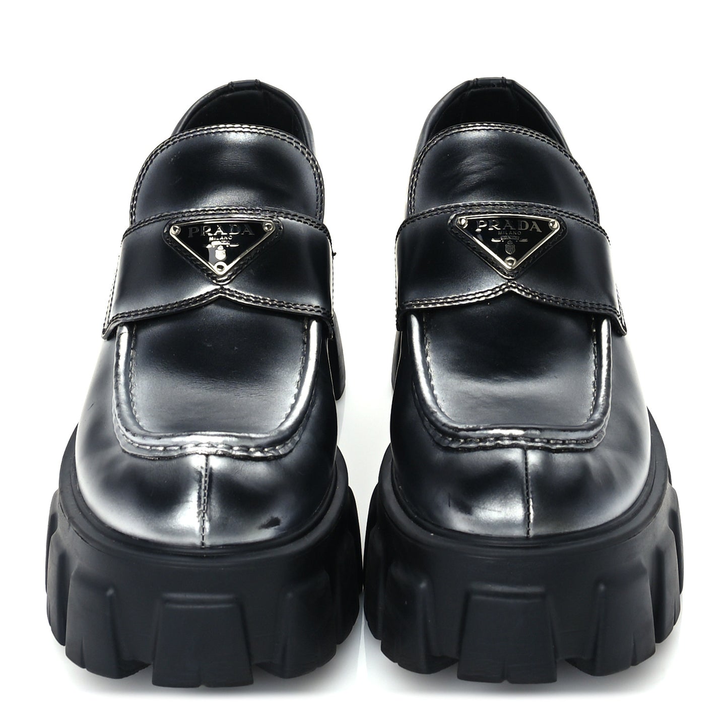 Spazzolato Triangle Logo Monolith Pointy 55mm Loafers 38.5 Silver Black