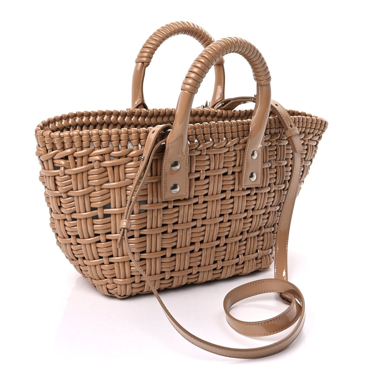Varnished Faux Calfskin Braided XS Bistro Basket Beige
