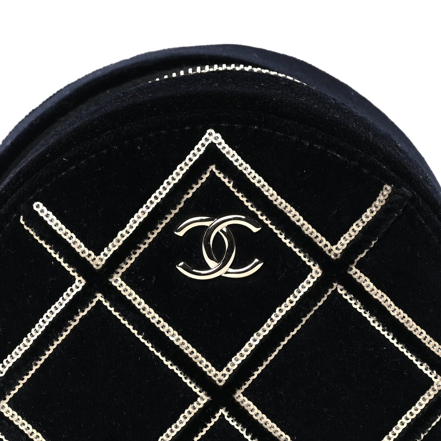 Velvet Sequin Round Clutch With Chain  Black