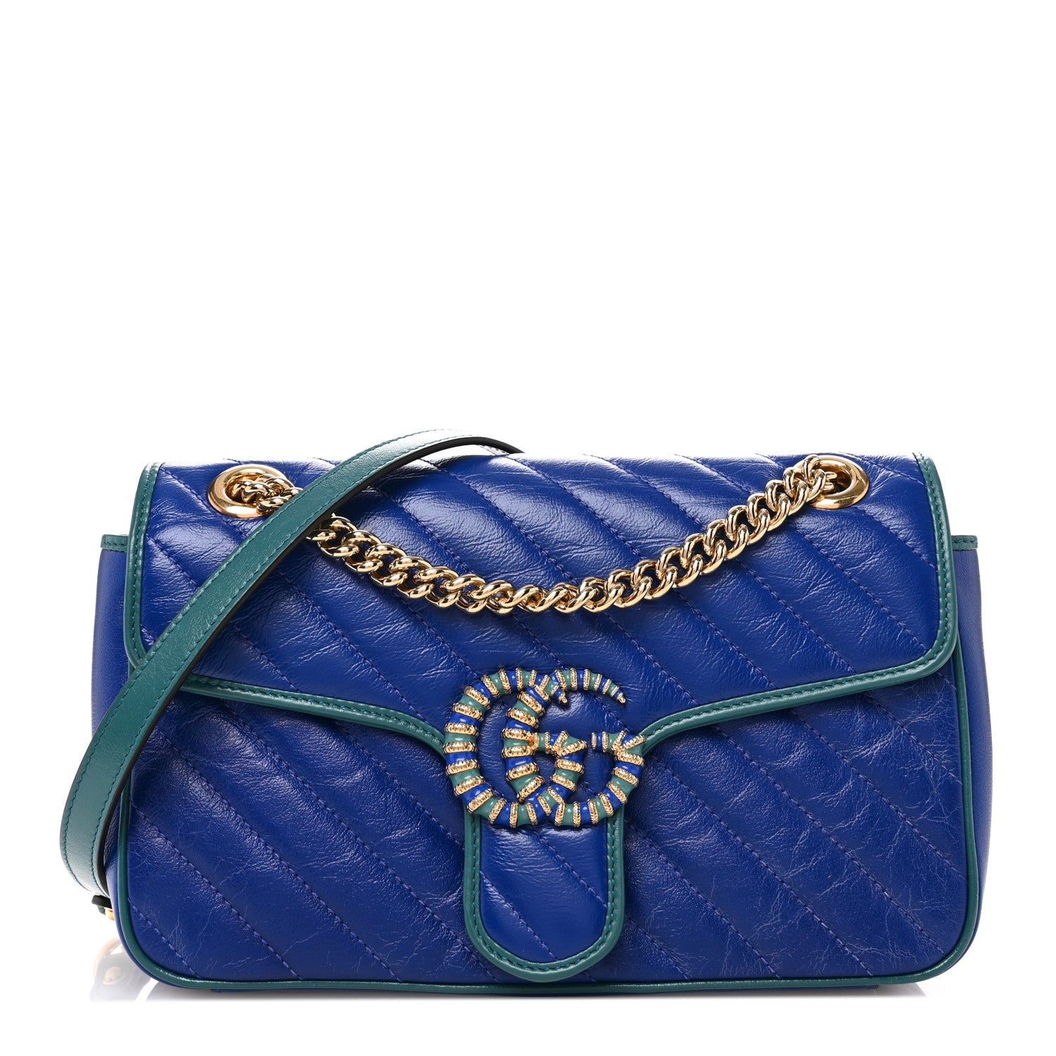 Gucci Azalea Calfskin Enamel Matelasse Diagonal Small Torchon GG Marmont Shoulder Bag Imperial Blue Pavone 1 of 7