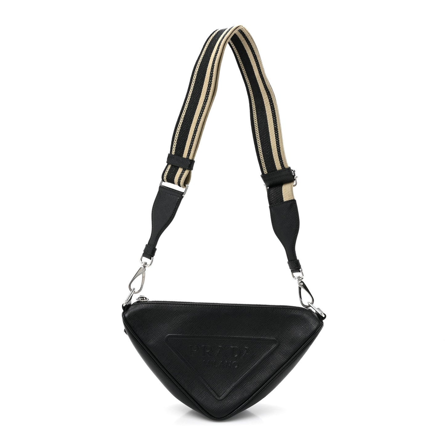 Saffiano Cuir Triangle Logo Embossed Triangle Shoulder Bag Black