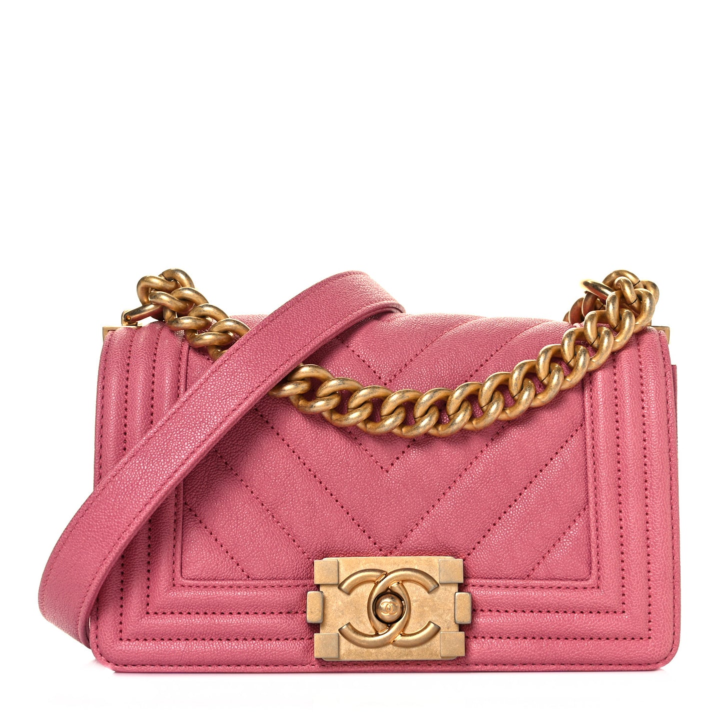 Caviar Chevron Quilted Small Boy Flap Dark Pink