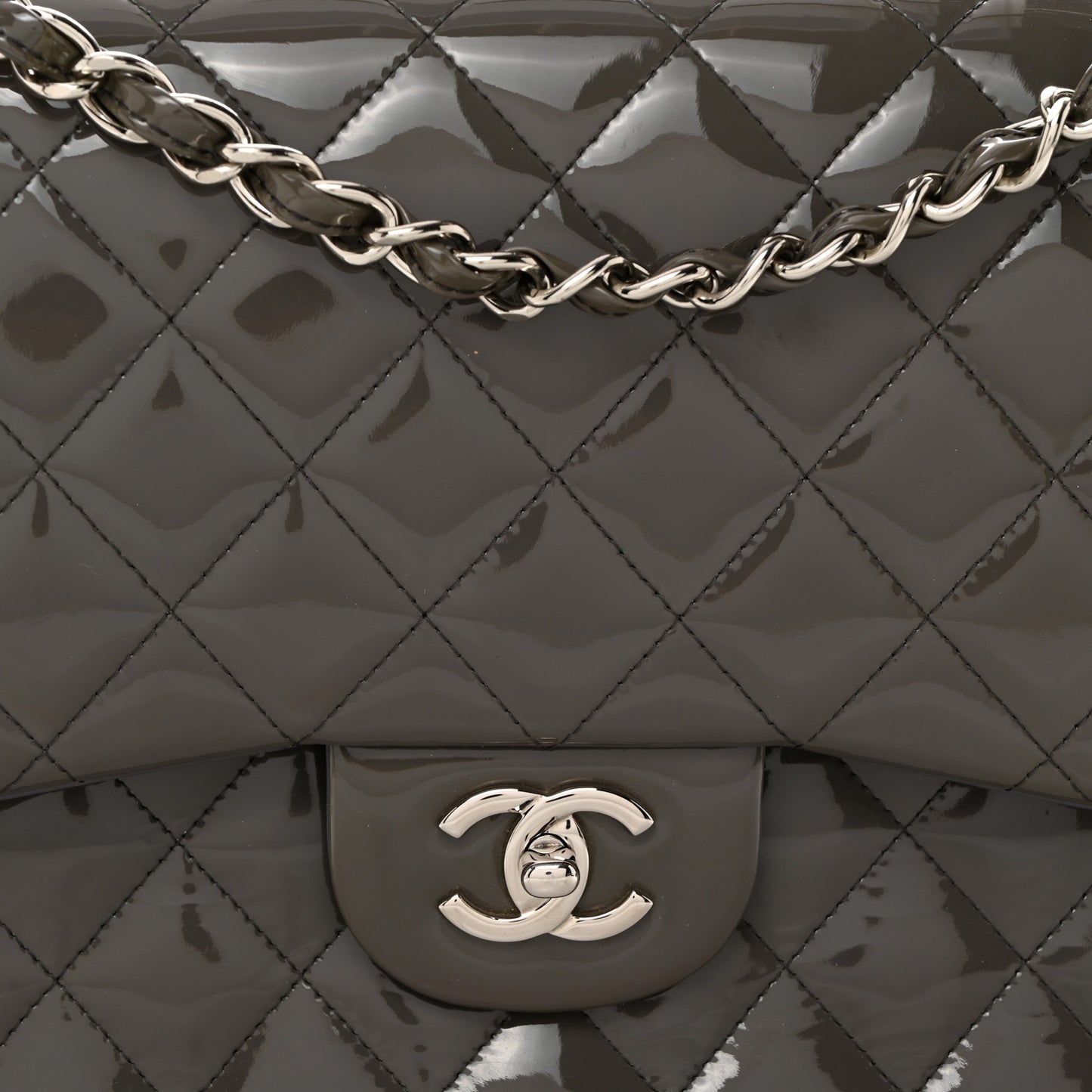 Patent Calfskin Quilted Jumbo Double Flap Grey