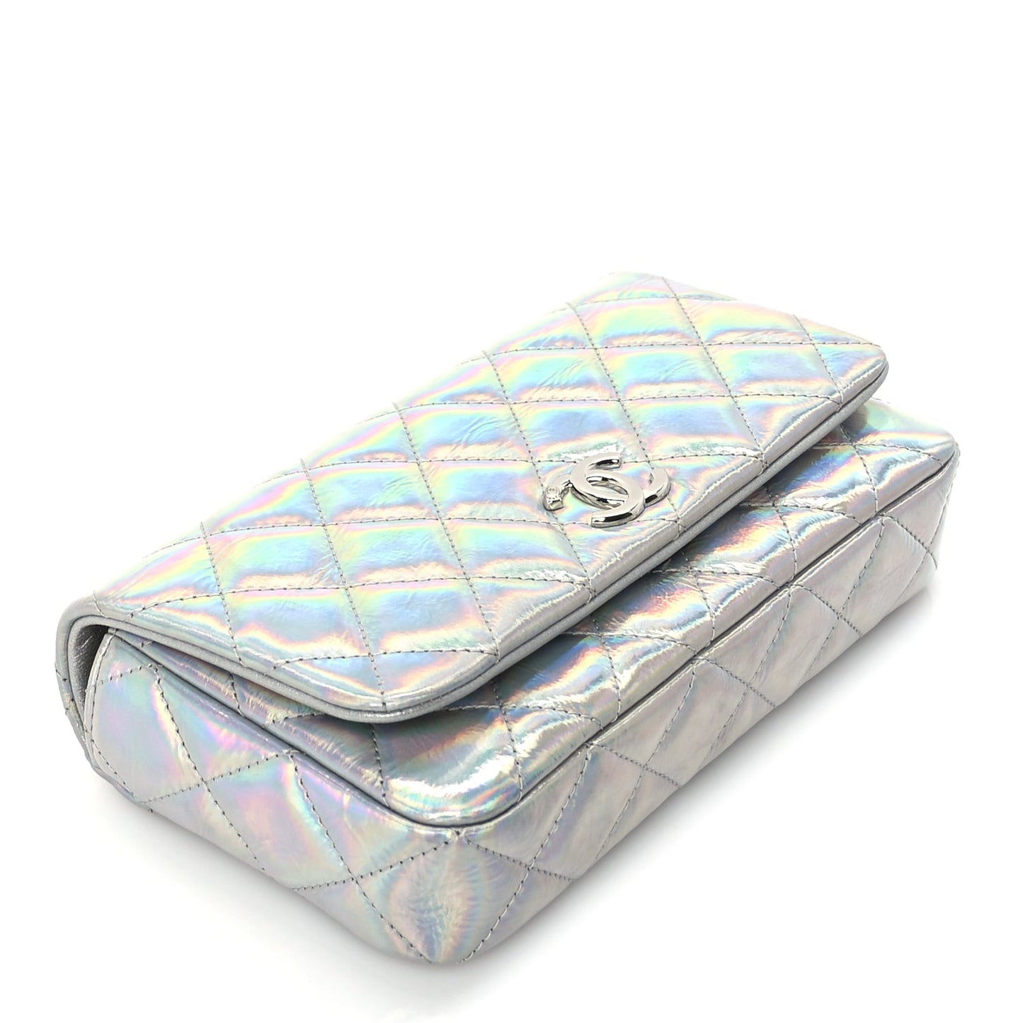 Iridescent Mirror Goatskin Quilted Clutch With Chain  Silver