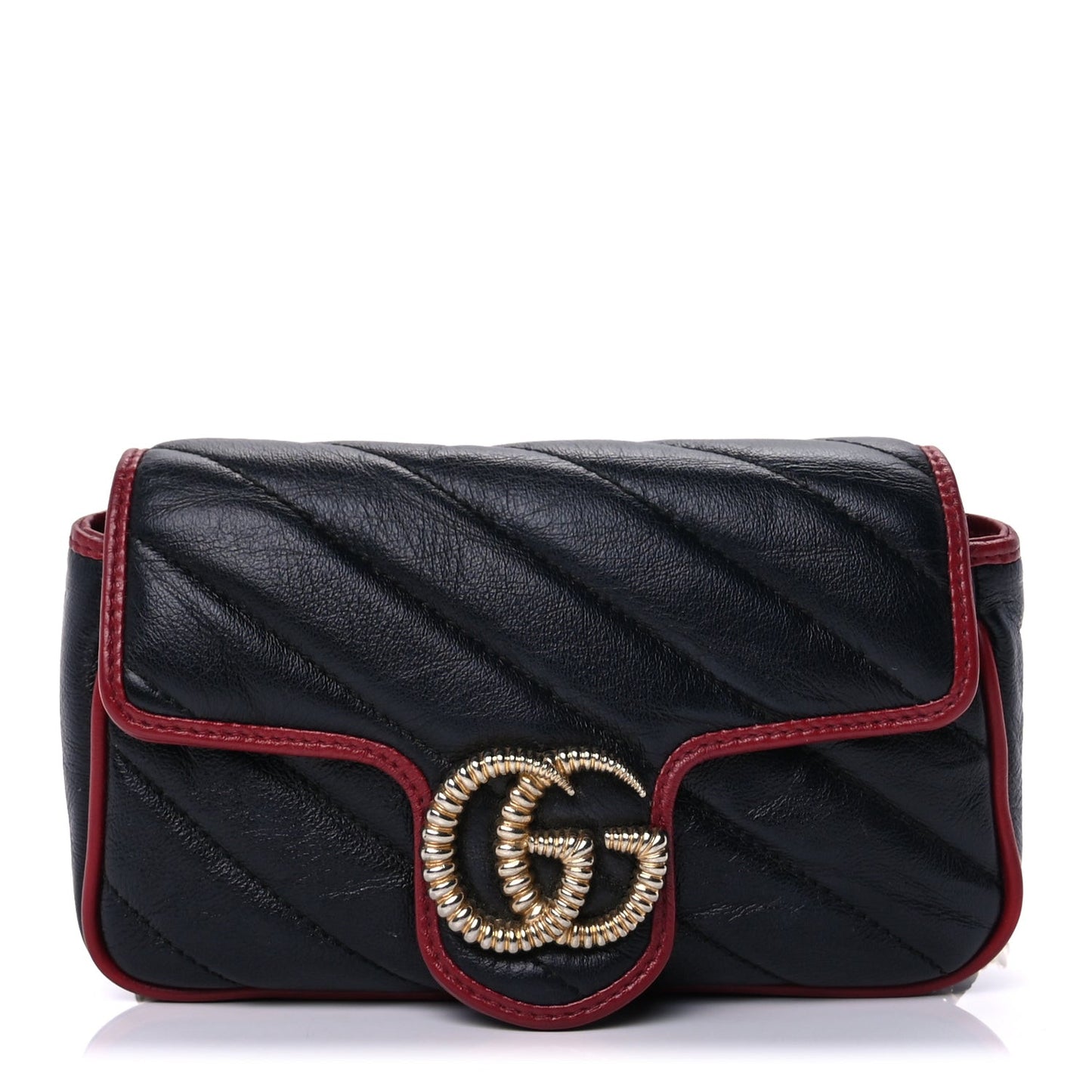 Vintage Effect Calfskin Matelasse Diagonal Super Mini Torchon GG Marmont Shoulder Bag Black Romantic Cherry Black Romantic Cherry