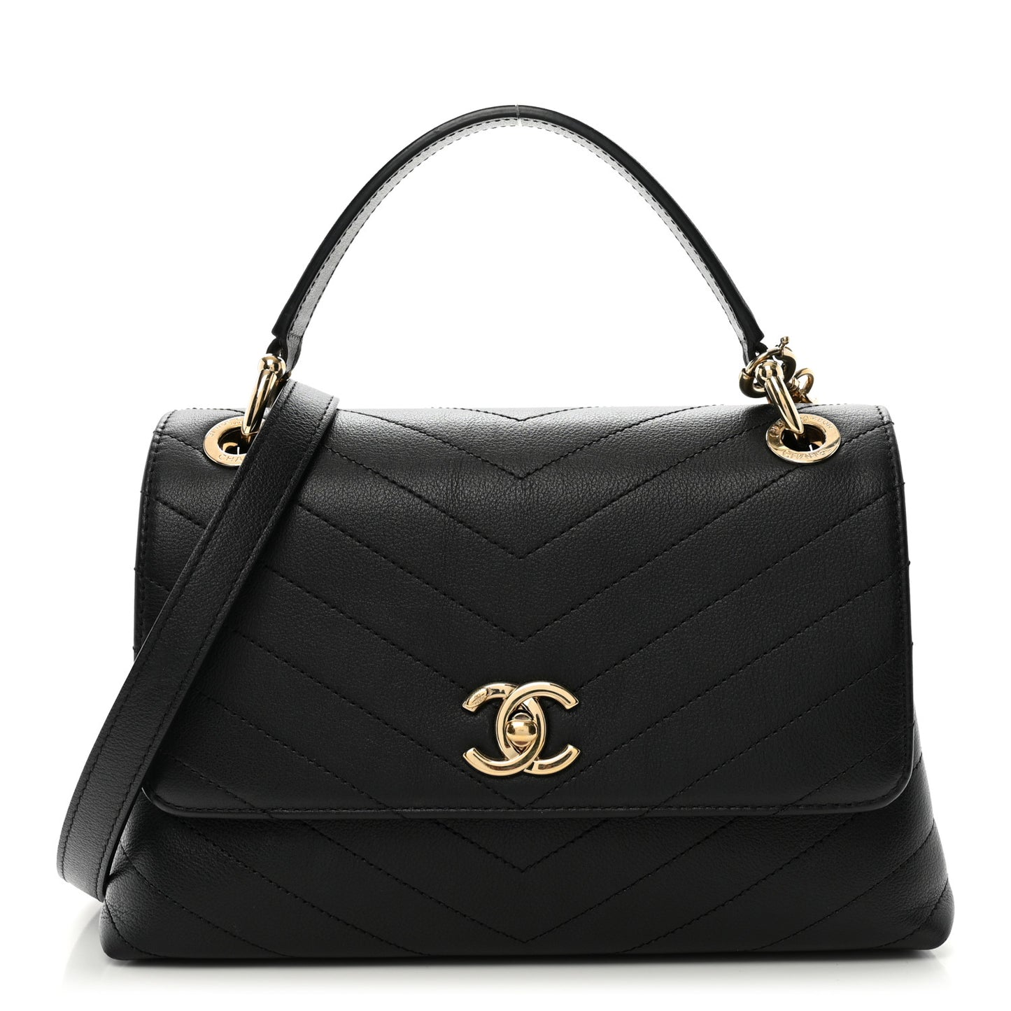 Grained Calfskin Small Chevron Chic Top Handle Flap Black