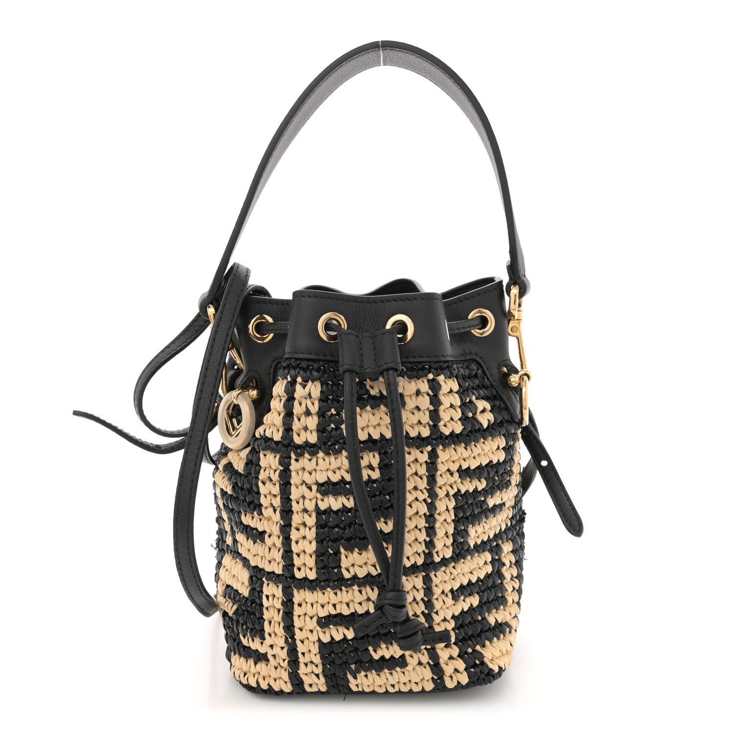Fendi Raffia Vitello Seta F is FF Woven Mini Mon Tresor Bucket Bag Black Natural 1 of 7