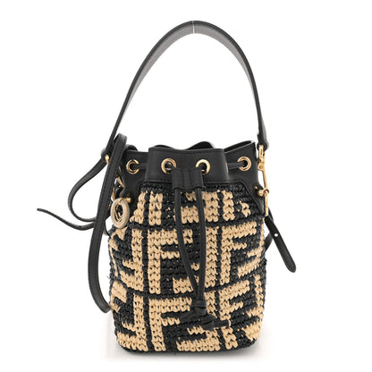 Fendi Raffia Vitello Seta F is FF Woven Mini Mon Tresor Bucket Bag Black Natural 1 of 7