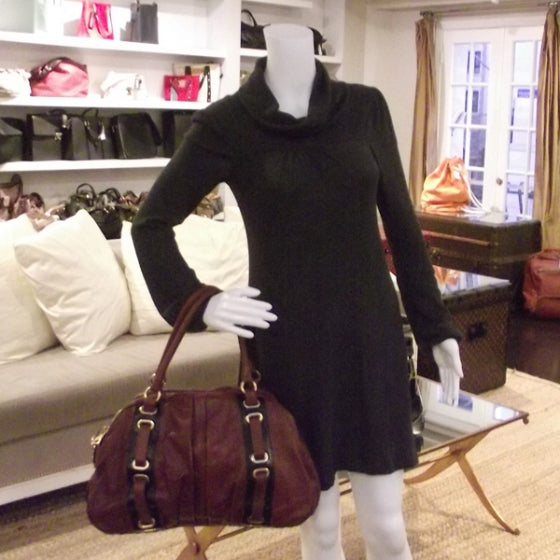 Leather Striping Bowler Tote Bag Chestnut