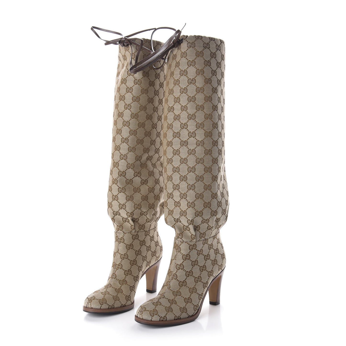 Monogram Lisa Mid Heel Boots 35 Beige Ebony