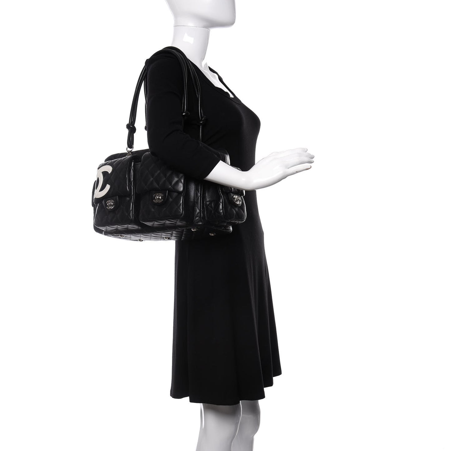 Calfskin Quilted Large Cambon Multipocket Reporter Black White