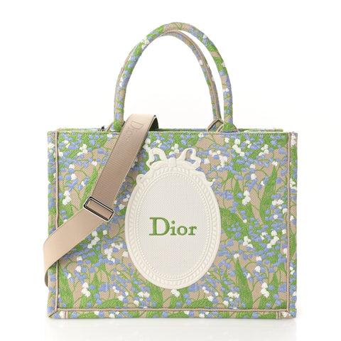 Oblique Embroidered Lace Dior Lily of The Valley Medallion Medium Book Tote With Strap Verde Multicolor