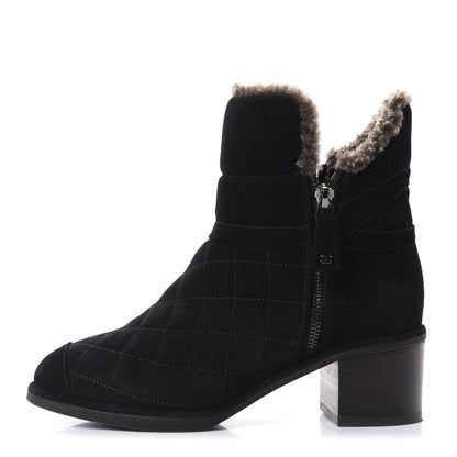 Chanel Suede Quilted Shearling Short Boots 36.5 Black 1 of 9