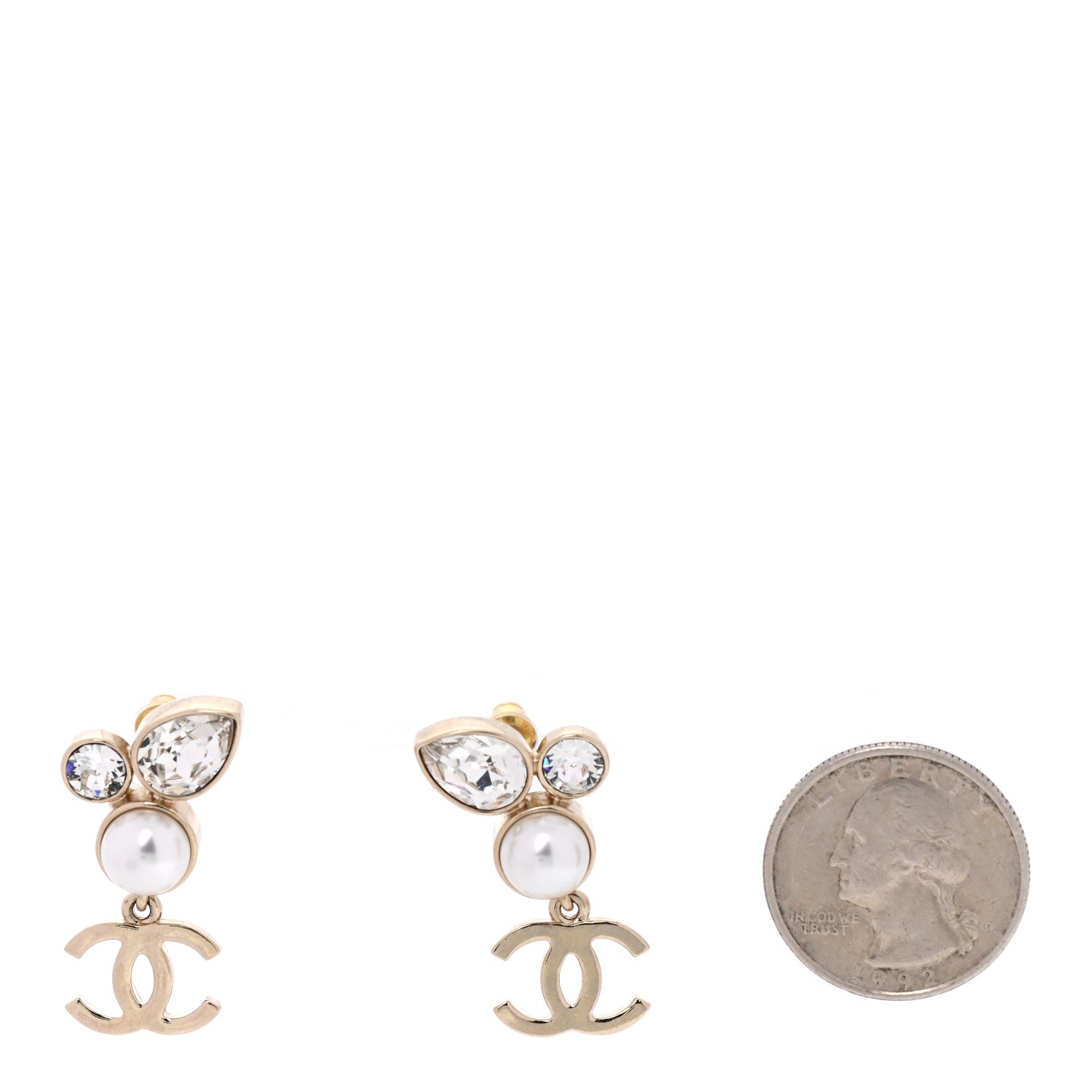 Chanel Pearl Crystal CC Drop Earrings Gold 2 of 4