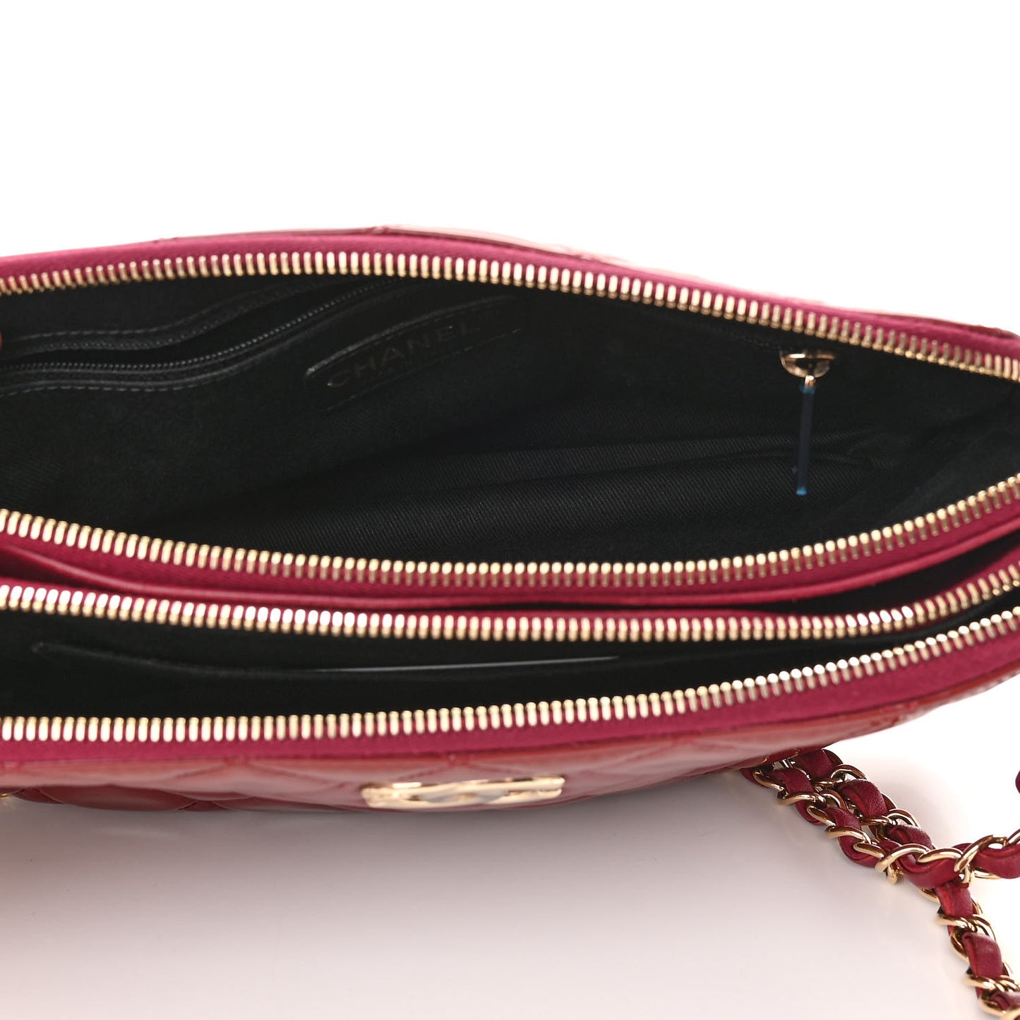 Patent Quilted Crown CC Double Zip Bag Dark Pink