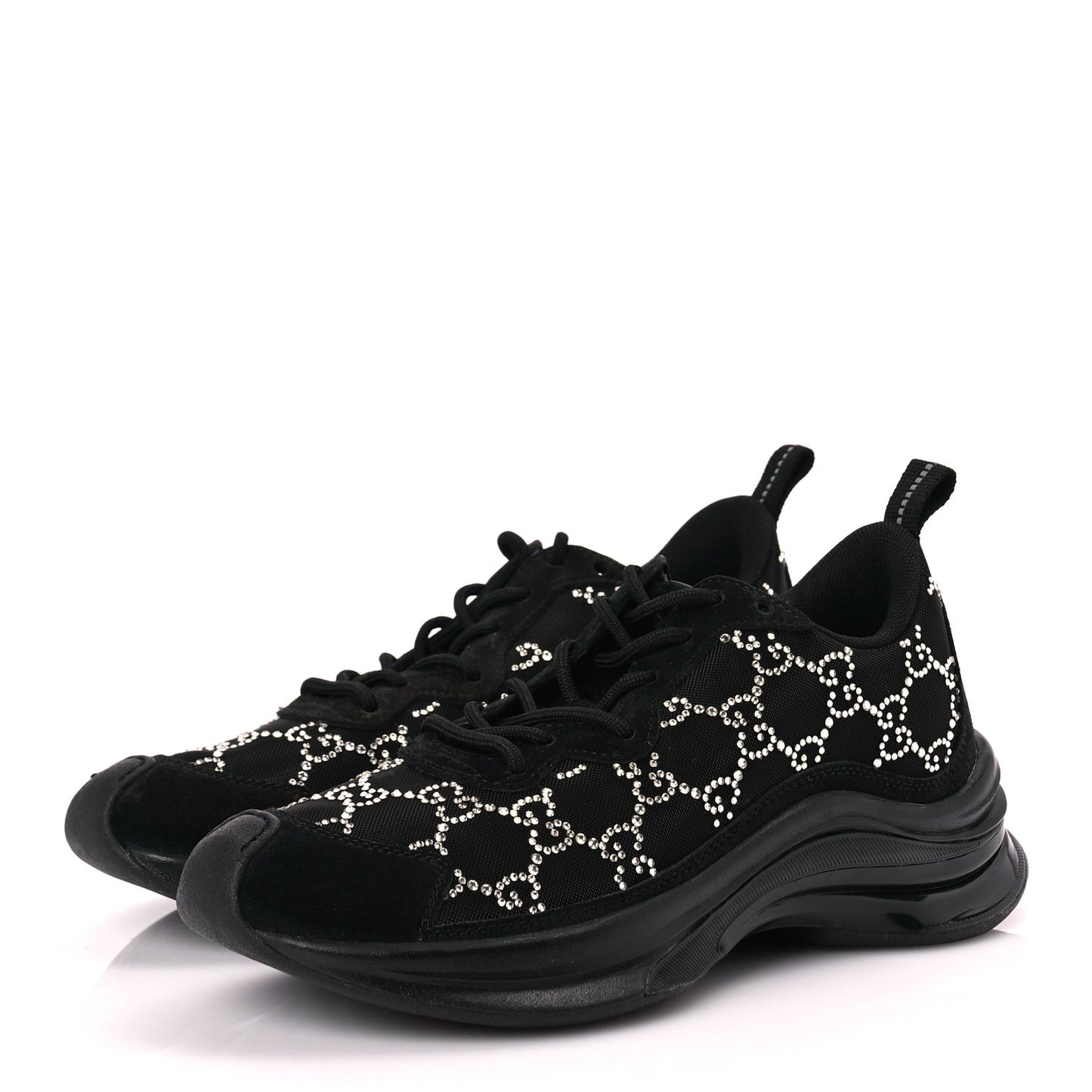 Mesh Crystal Suede GG Monogram Womens  Run Sneakers 36 Black Silver