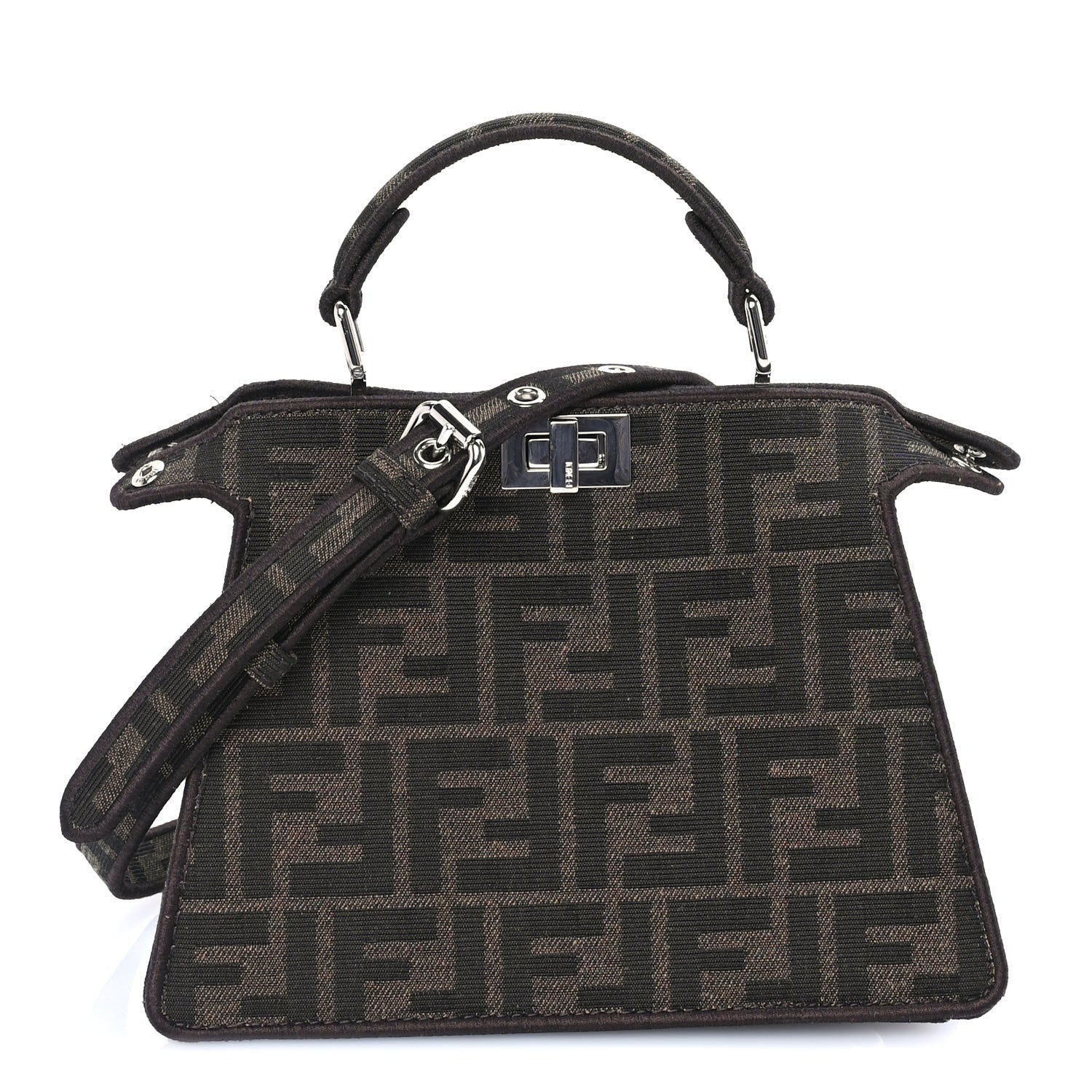 Fendi Fabric Jacquard FF 1974 Crystal Petite Peekaboo I SEE U Satchel Tabacco Moro 1 of 7