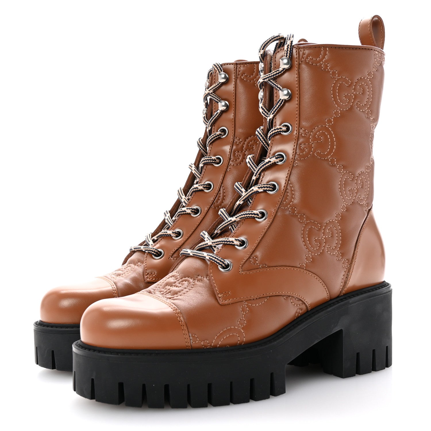 Gucci Cordovan Lux Nappa GG Matelasse Lace Up 60mm Combat Boots 36 Dark Hazel Brown 4 of 10