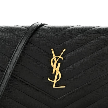Saint Laurent Grain De Poudre Matelasse Chevron Monogram Envelope Chain Wallet Black 8 of 12