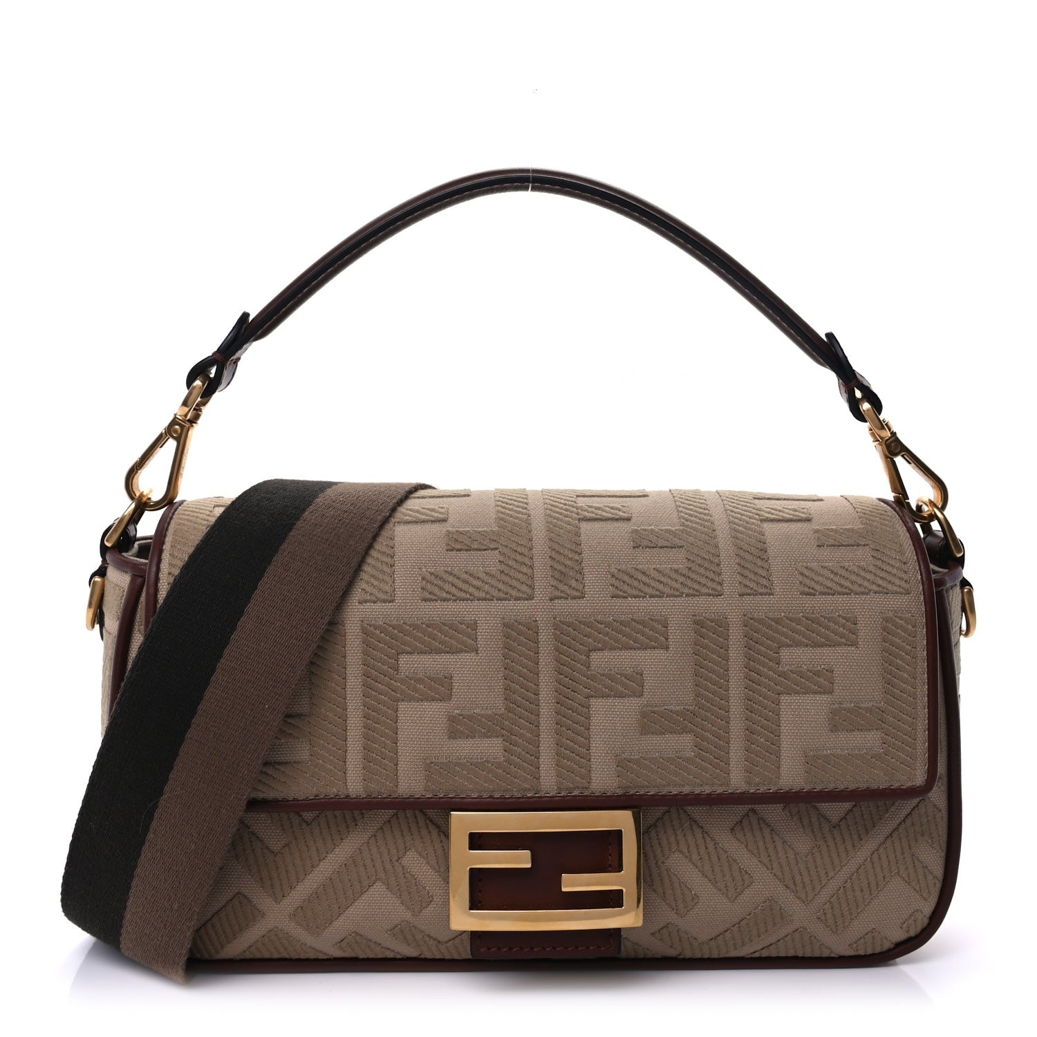 Fendi Sardinian Jacquard Vitello King FF 1974 Embroidered Baguette  Sand Ghianda 1 of 8