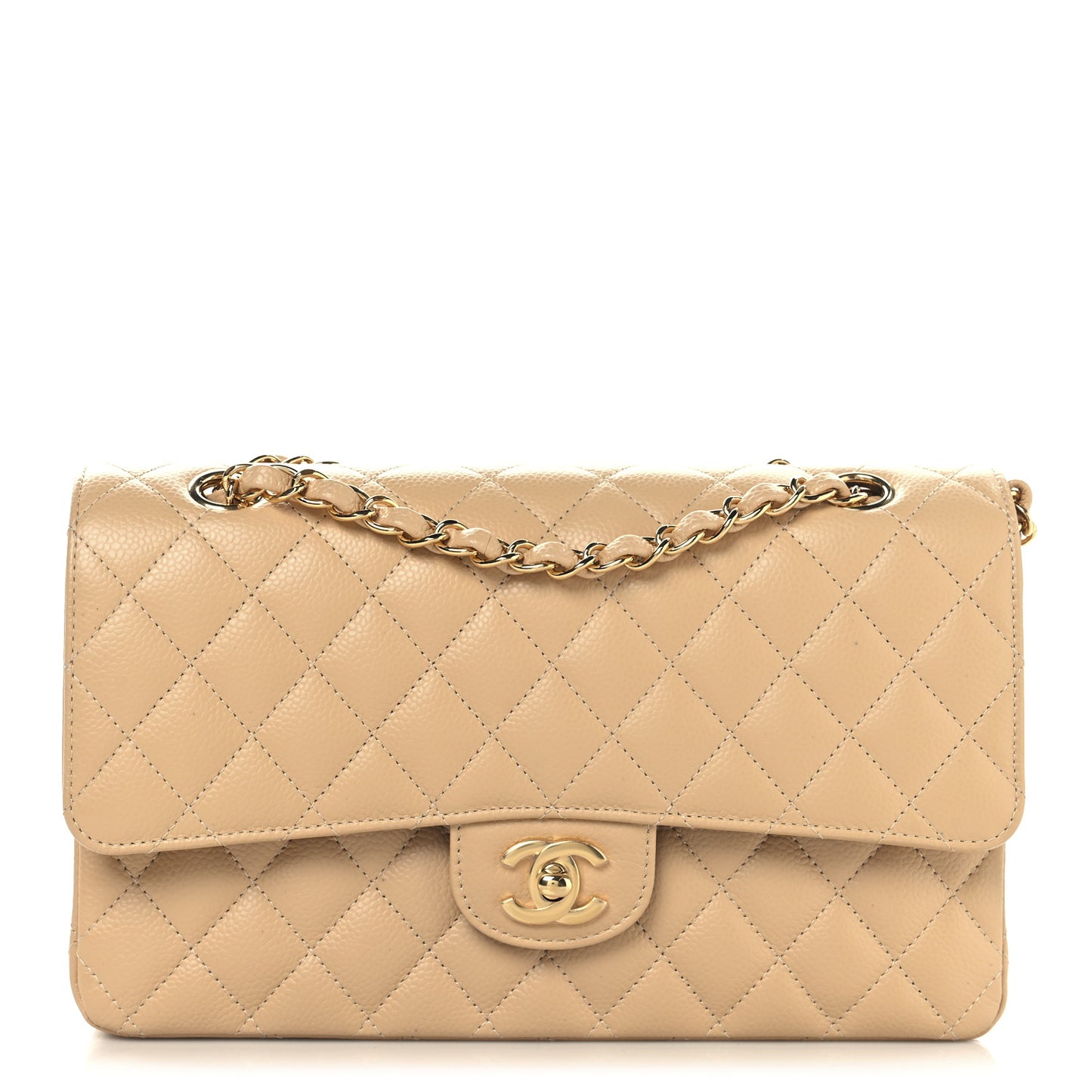 Caviar Quilted Medium Double Flap Beige