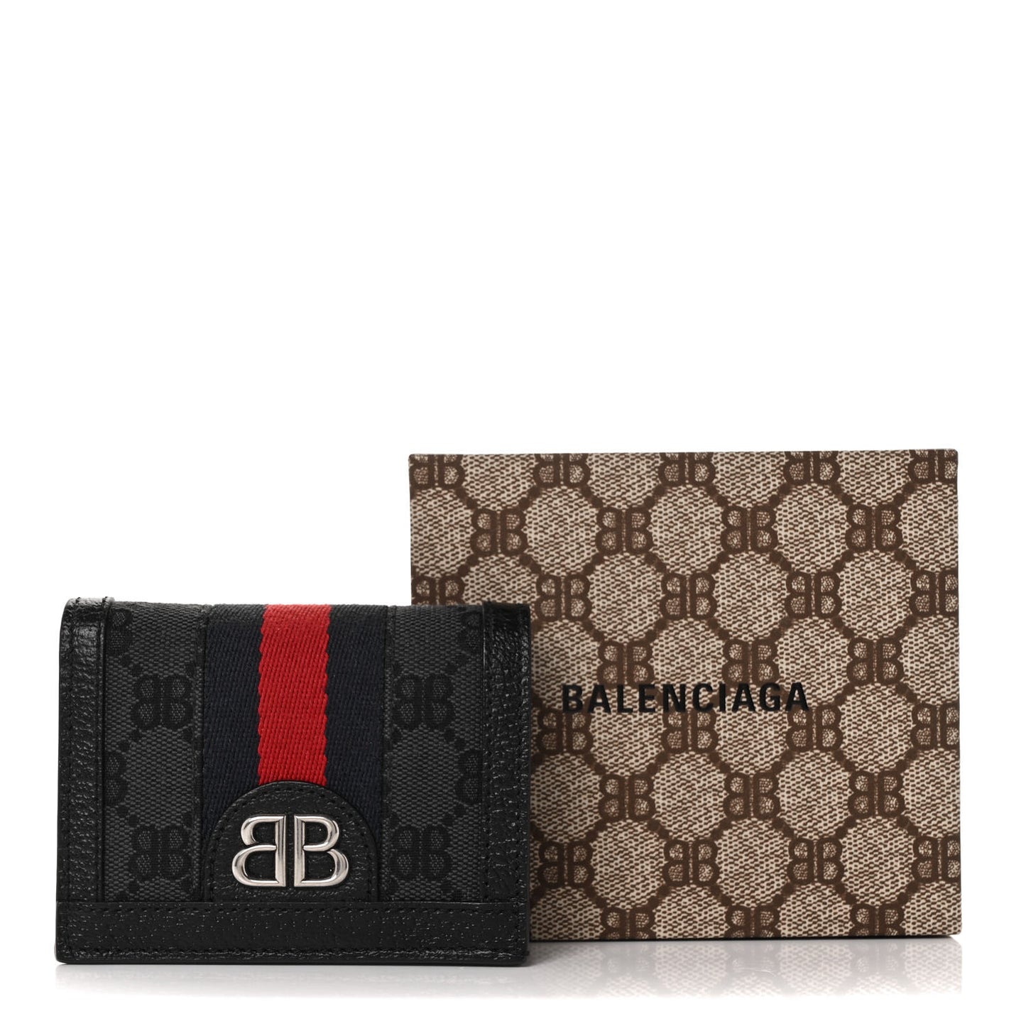 X BALENCIAGA BB Monogram Web Ophidia Card Case Wallet Black