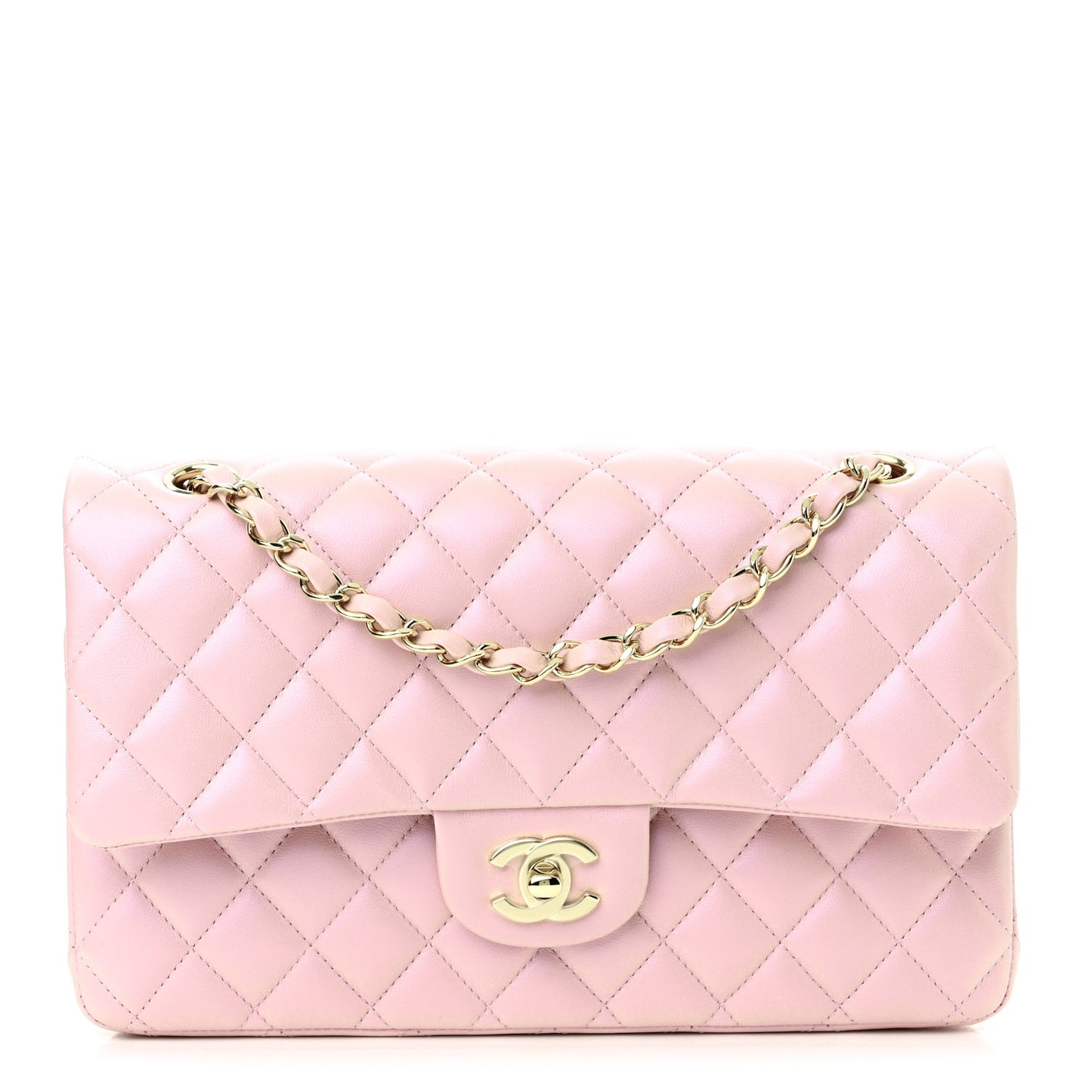 Iridescent Calfskin Quilted Medium Double Flap Light Pink