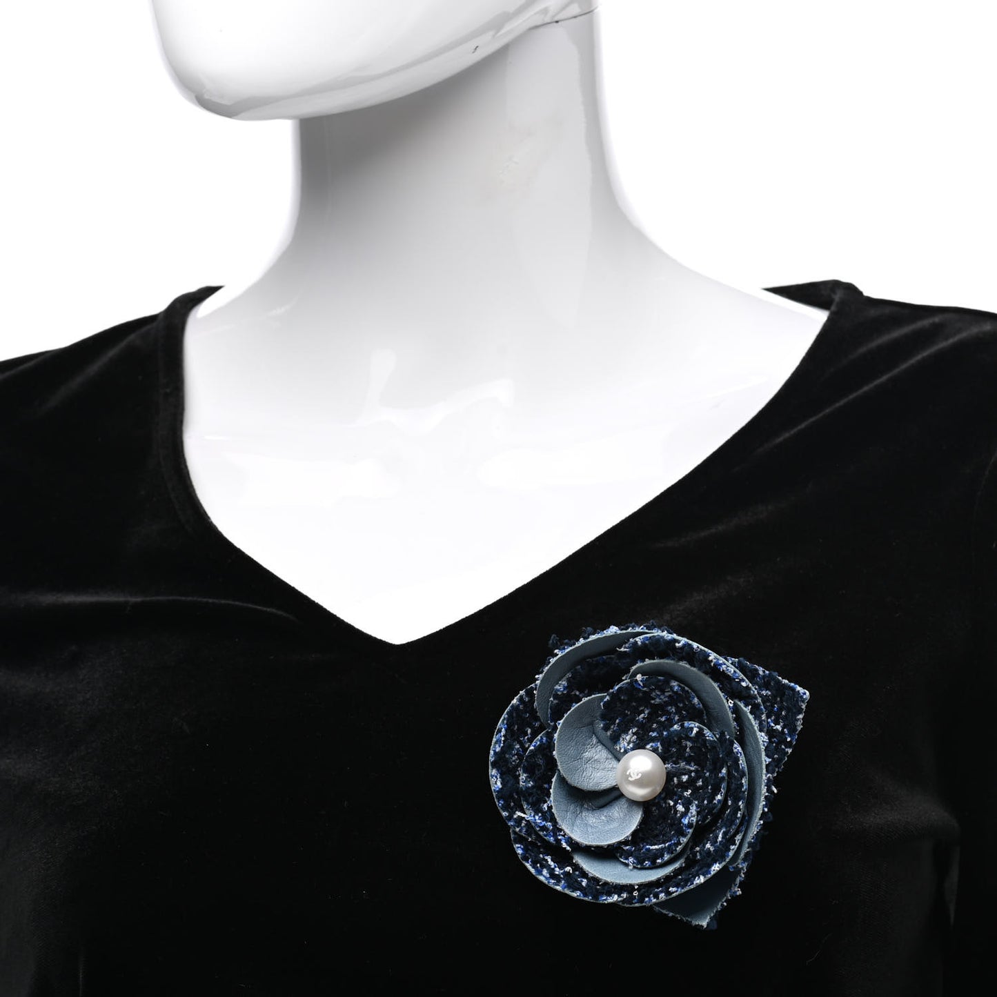 Tweed Lambskin Camellia Pearl Brooch Navy Black White
