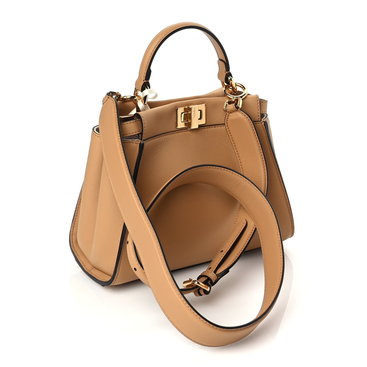 Fendi Vitello Seta Canvas FF Embroidered Mini Peekaboo Iconic Satchel Miele Scuro Poudre 2 of 9