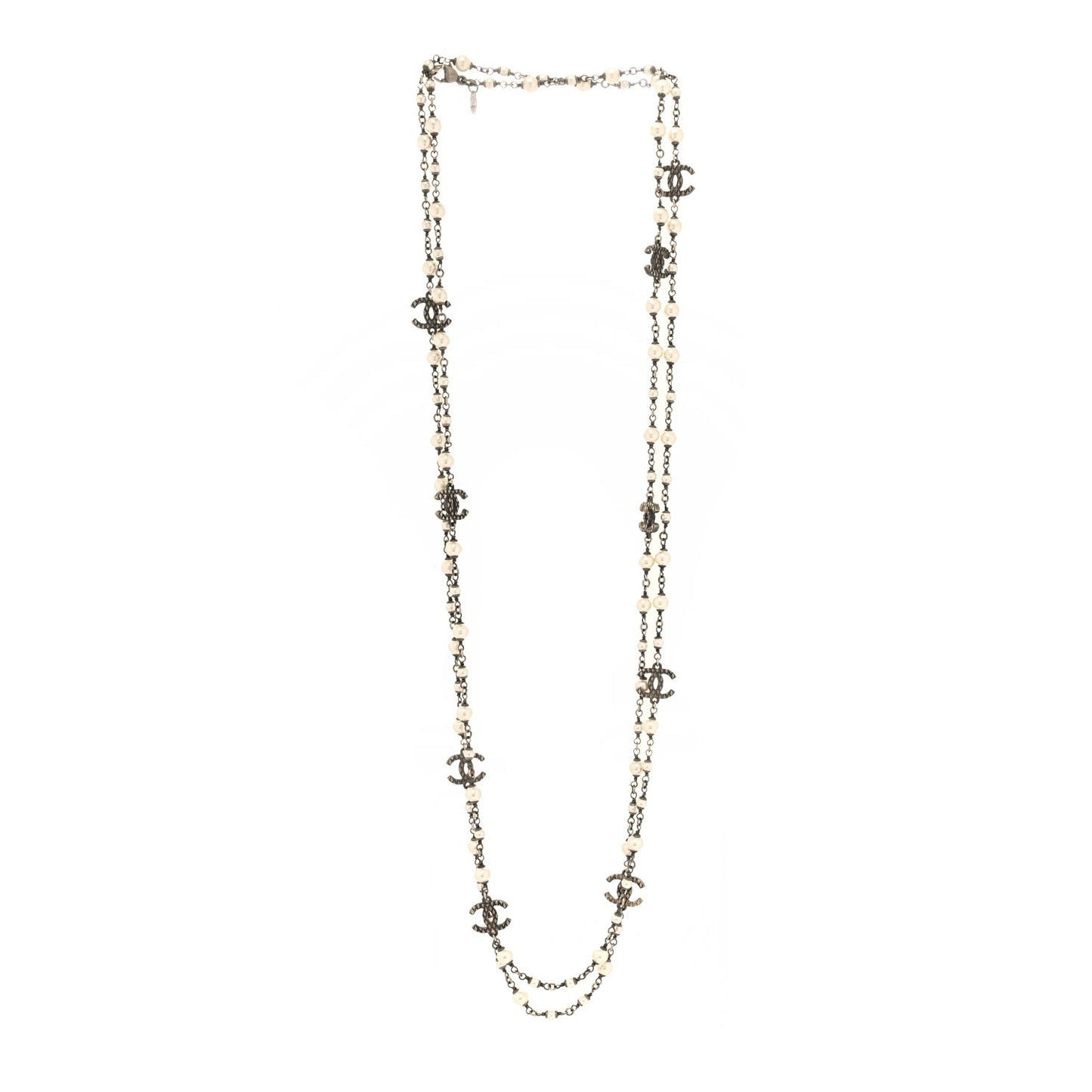 Pearl Metal Quilted CC Long Necklace Gold