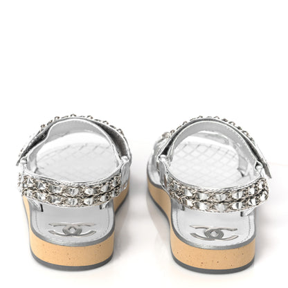 Chanel Metallic Laminated Goatskin Chain Flat Sandals 38 Silver 4 of 9