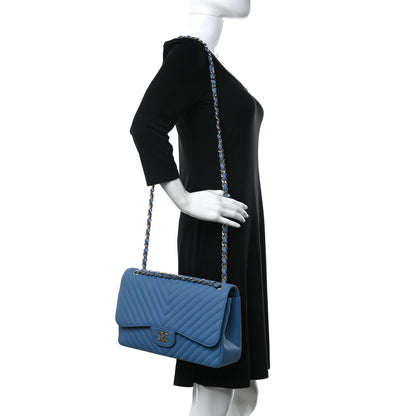 Chanel Caviar Flat Chevron Quilted Jumbo Double Flap Blue 2 of 12
