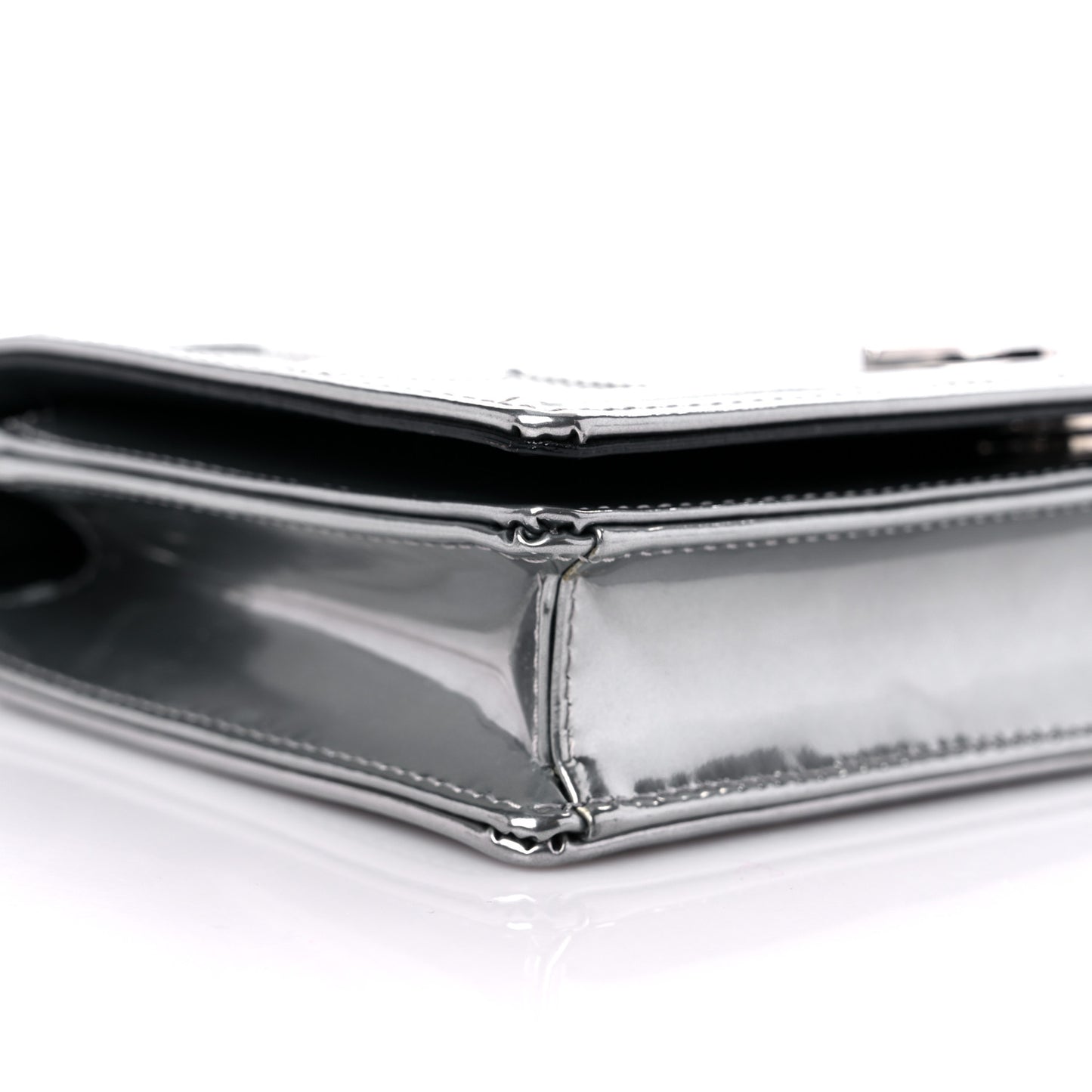 Metallic Patent Micro-Cannage Diorama Wallet on Chain Pouch Silver