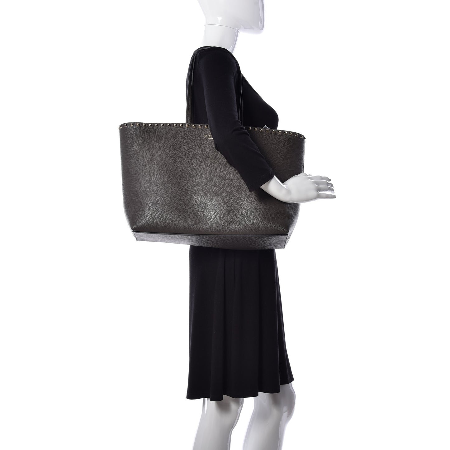 Grained Calfskin Rockstud Shoulder Tote Graphite
