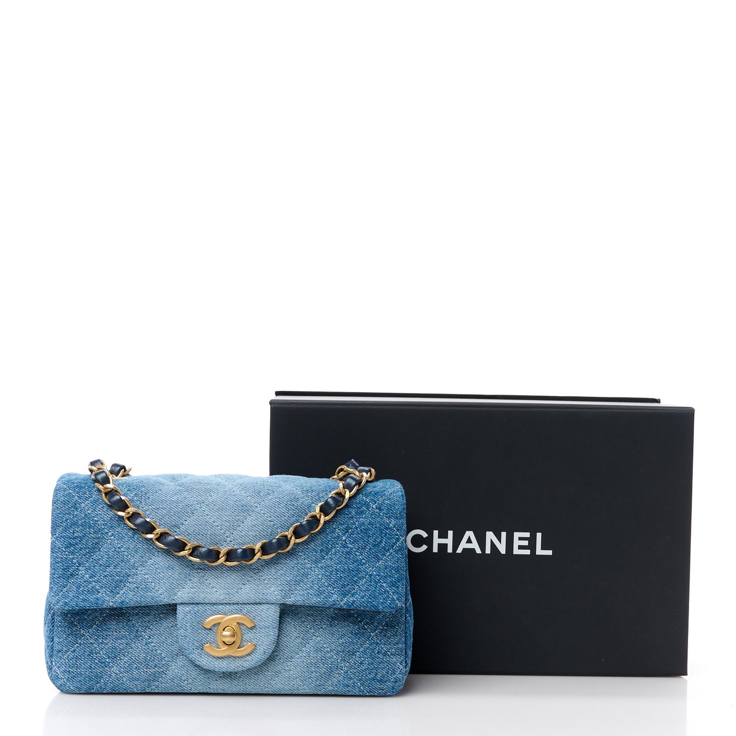 Washed Denim Quilted Mini Rectangular Flap Blue