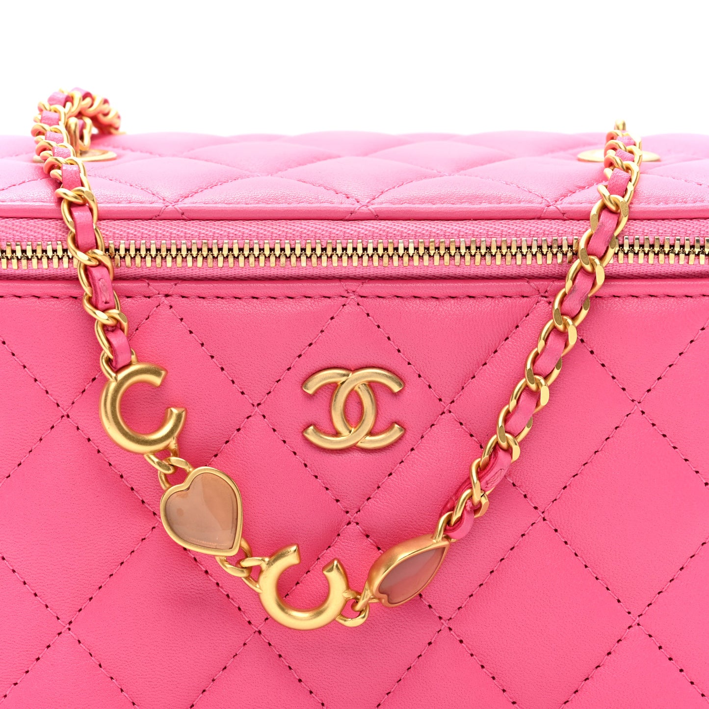 Lambskin Enamel Quilted Small Coco Hearts Vanity Case With Chain Pink